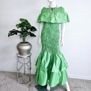 Smocked Off Shoulder Mermaid Dress: Ruffle Sleeve Wax Cotton with Headwrap
